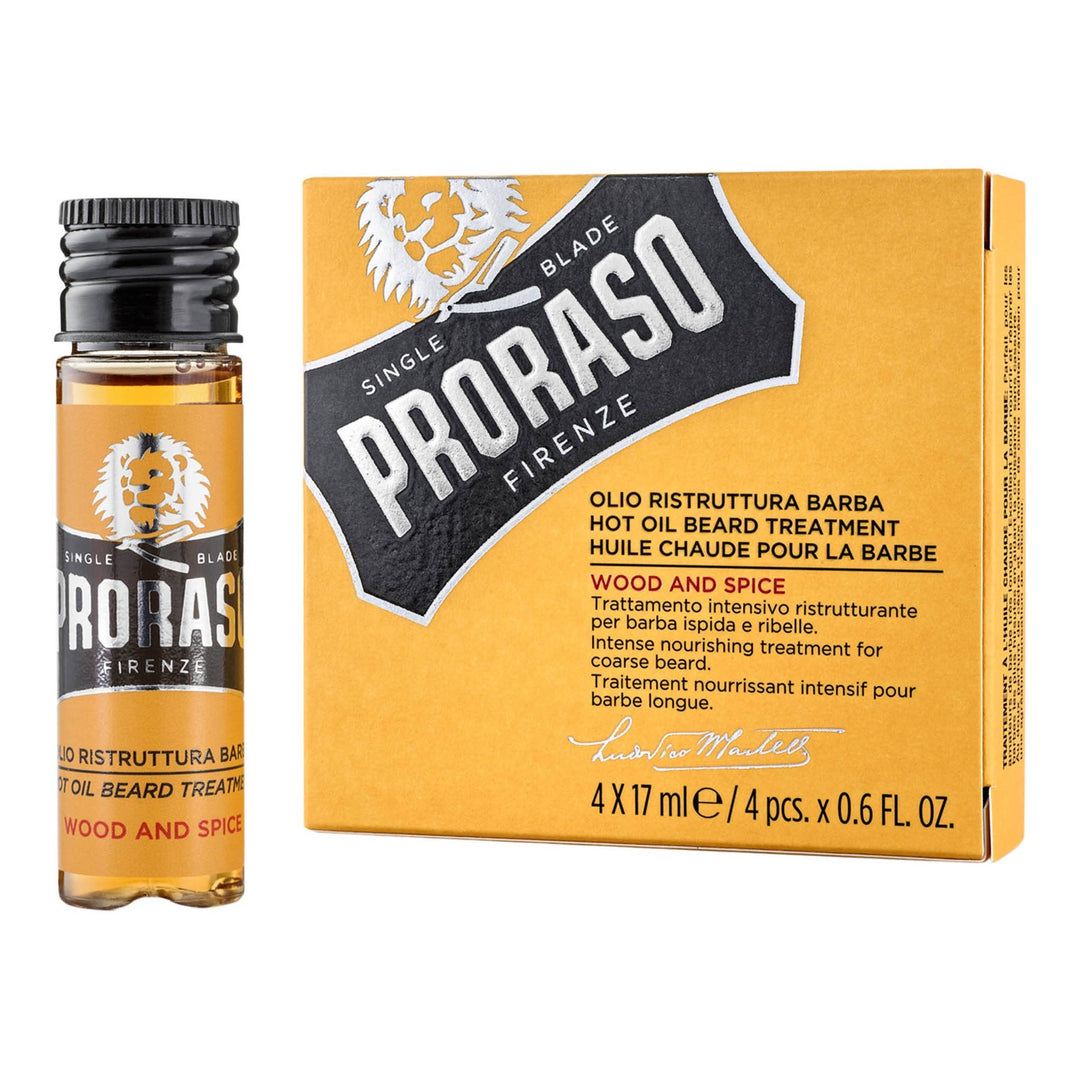 4 glassflasker med skrukork og oransje veske med gul etikett. Italiensk skjeggbehandlingsolje fra Proarso.