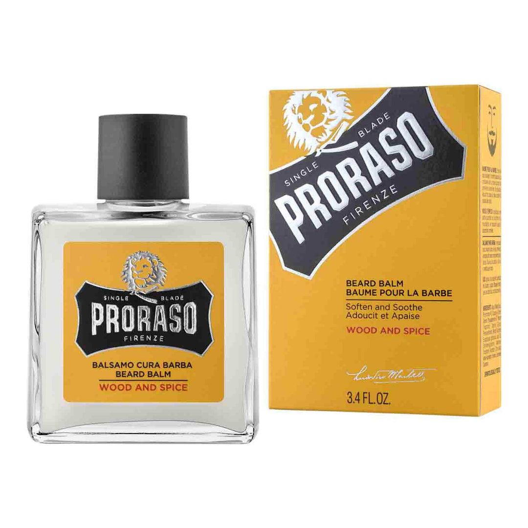 Glassflaske med skrukork og gul etikett. Italiensk skjegglotion fra Proraso.