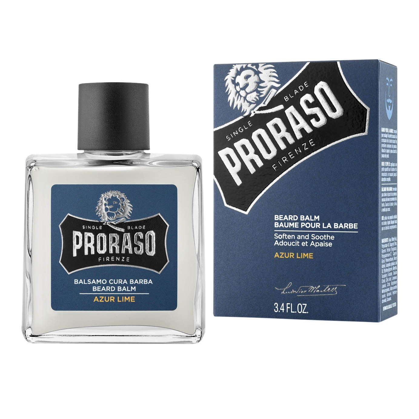 Glassflaske med skrukork og blå etikett. Italiensk skjegglotion fra Proraso.