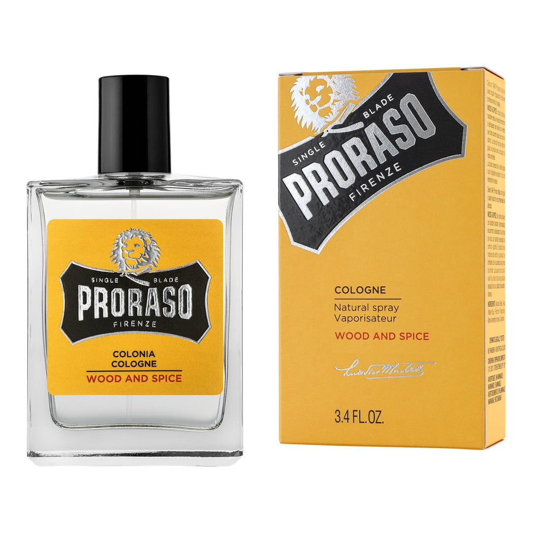 Blank glassflaske med skrukork og gul etikett. Italiensk parfyme fra Proraso