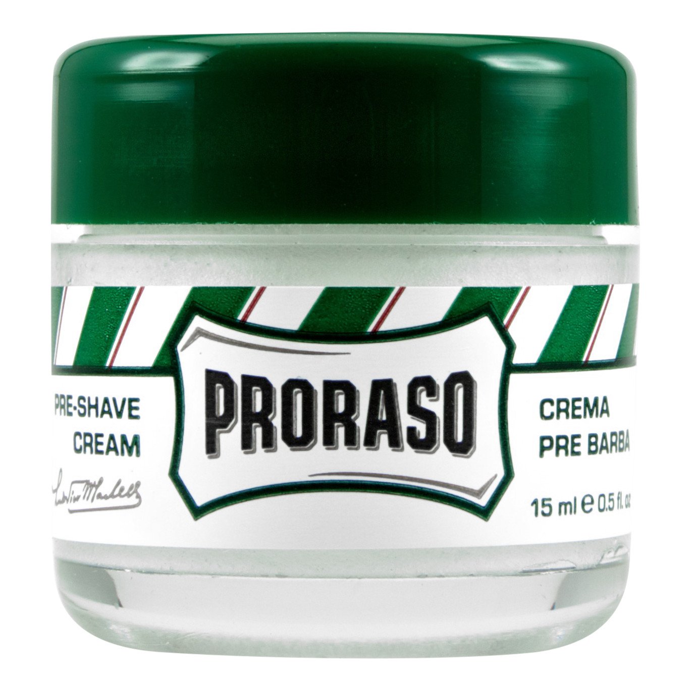 Liten glasskrukke med grønt lokk. Italiensk Pre-shavekrem fra Proraso.